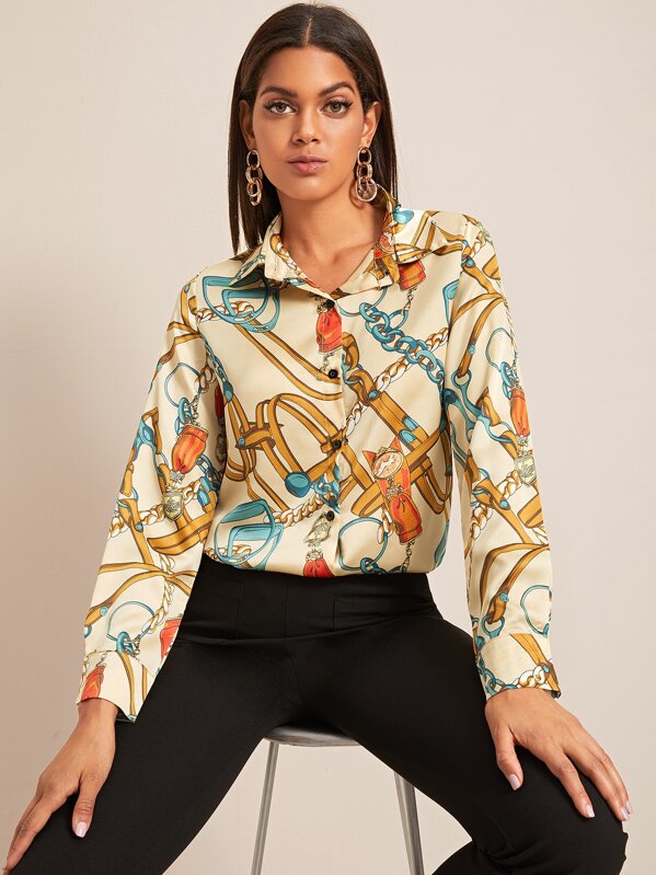 

Chain Print Button Front Blouse, Multicolor, Joana