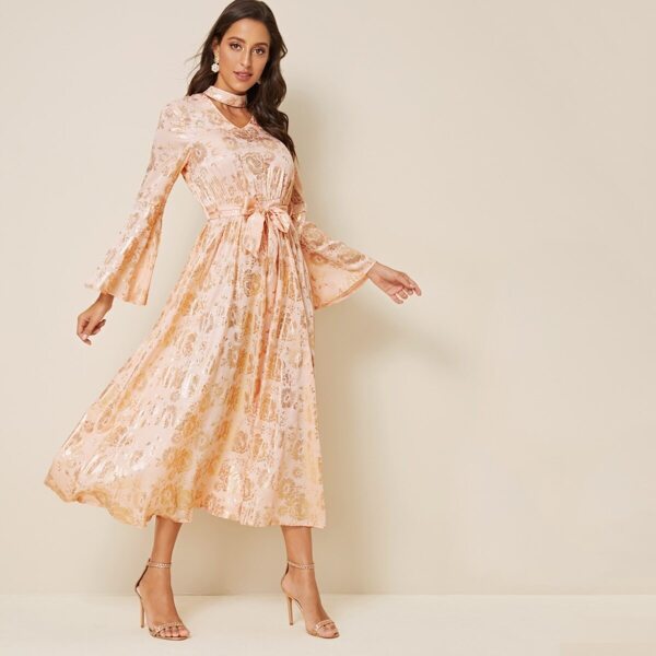 

Jacquard Choker Neck Belted Satin Dress, Multicolor
