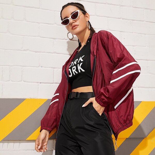 

Striped Tape Zip Up Hooded Windbreaker Jacket
