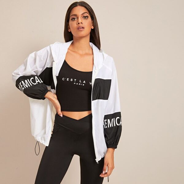 

Letter Print Color-Block Hooded Windbreaker Jacket, Black and white