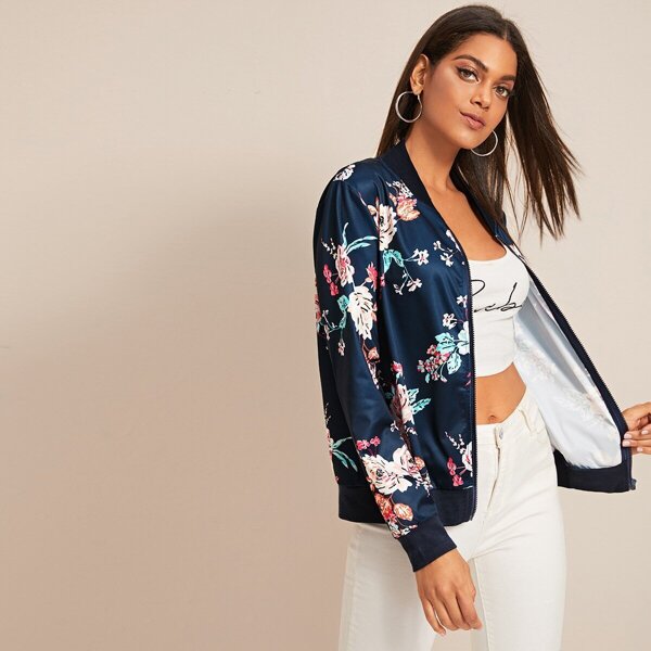 

Floral Print Contrast Trim Zip Up Bomber Jacket, Navy