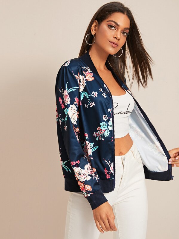 

Floral Print Contrast Trim Zip Up Bomber Jacket, Navy, Joana