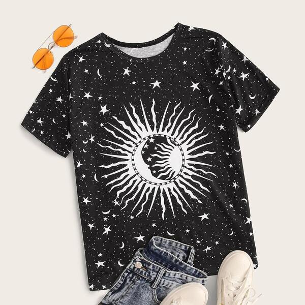 

Galaxy Print Round Neck Tee, Black