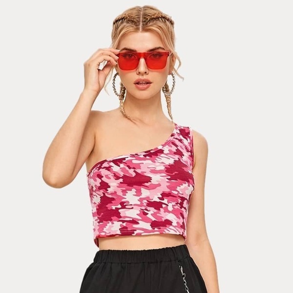 

One Shoulder Camo Print Top