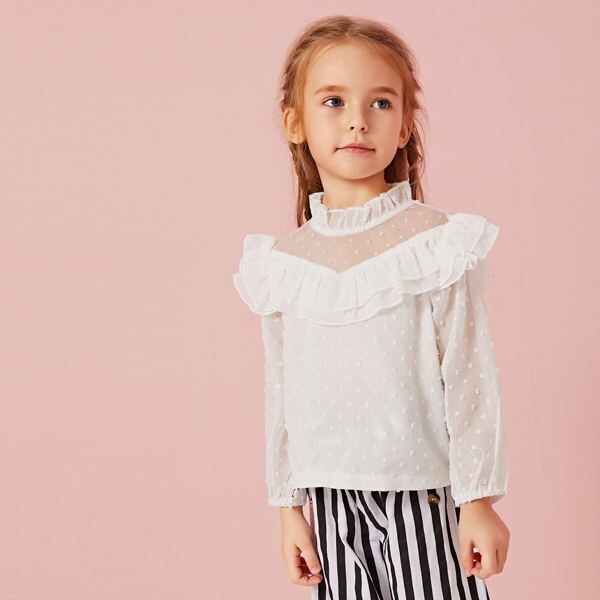 

Toddler Girls Swiss Dot Ruffle Contrast Mesh Blouse, White