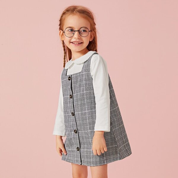 

Toddler Girls Doll Collar Top With Plaid Button Pinafore Dress, Multicolor