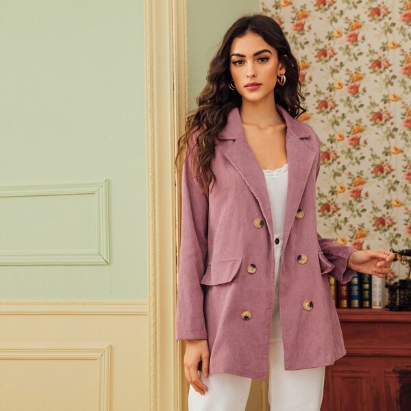 

Lapel Collar Double Button Corduroy Blazer, Pink