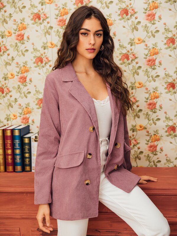 

Lapel Collar Double Button Corduroy Blazer, Pink, Carol A