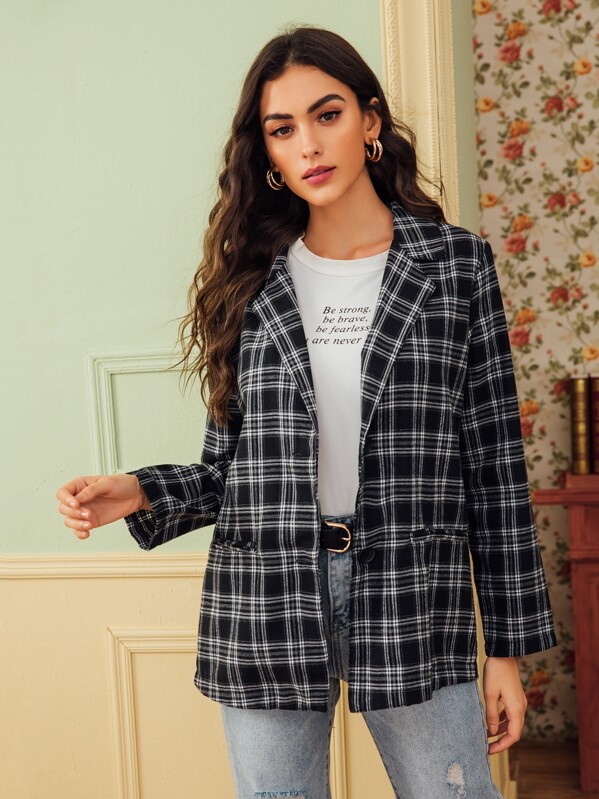 

Lapel Collar Plaid Button Front Blazer, Black and white, Carol A