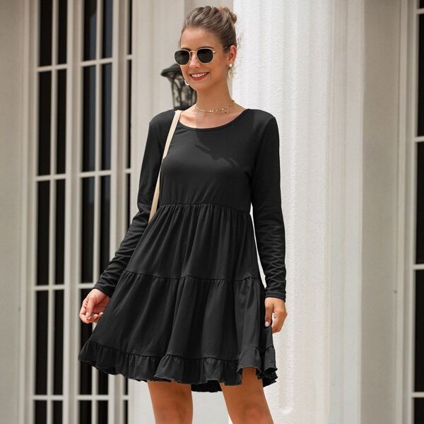 

Solid Long Sleeve Ruffle Hem Short Dress, Black