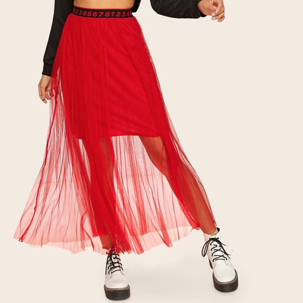 

Number Print Tape Pleated Hem Mesh Skirt, Red