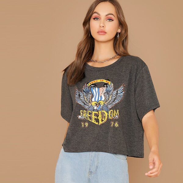 

Freedom Graphic Print Crop Top CHARCOAL, Grey