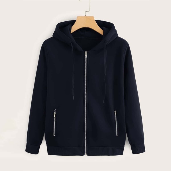 

Zip Up Pocket Side Drawstring Hoodie, Navy