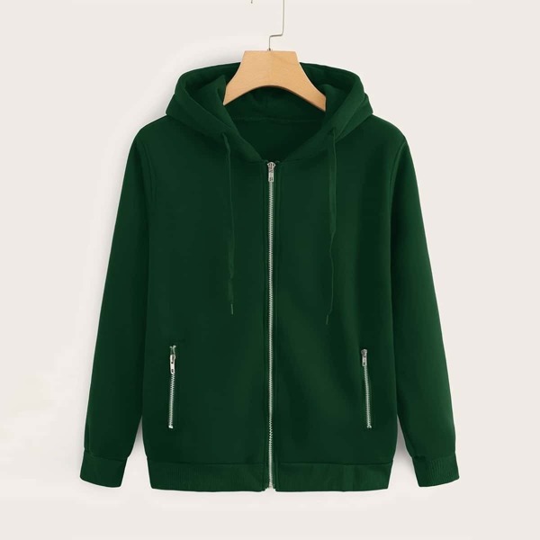 

Zip Up Pocket Side Drawstring Hoodie, Green
