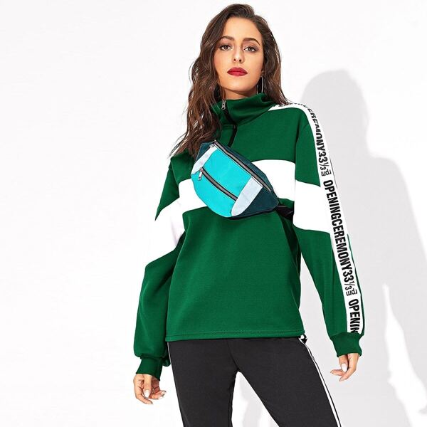 

Quarter Zip Contrast Panel Letter Tape Sweatshirt Without Bag