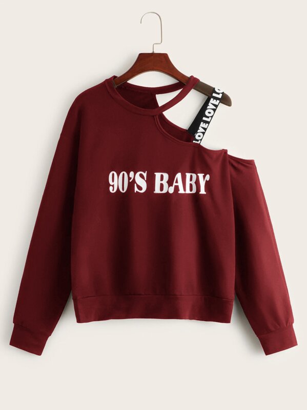 

Asymmetric Neck Letter Graphic Sweatshirt, Burgundy