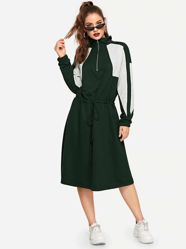 

Half Zip Cut And Sew Drawstring Sweatshirt Dress, Green, Mary P.
