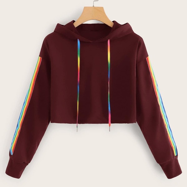 

Rainbow Stripe Tape Side Drawstring Hoodie, Burgundy
