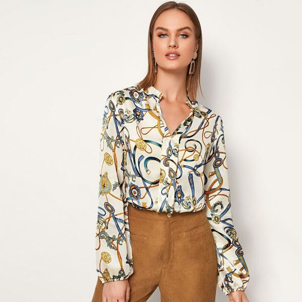

Notch Neck Chain Print Blouse