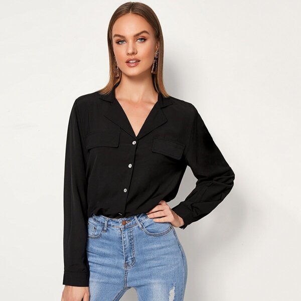 

Lapel Neck Button Through Blouse, Black