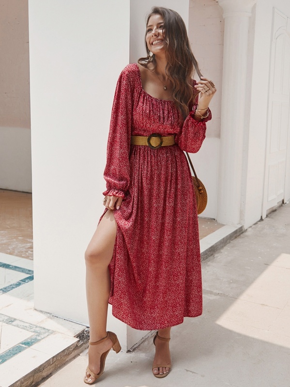 

Ditsy Floral Split Thigh A-line Dress Without Belted, Red