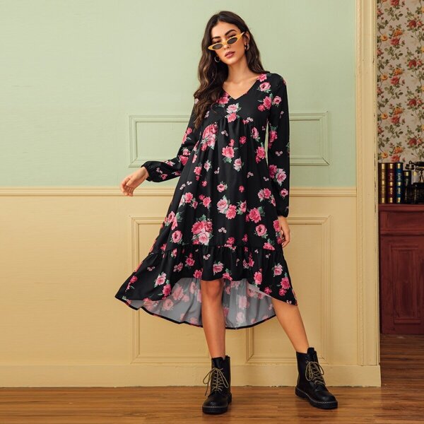 

Floral Print Ruffle Hem Babydoll Dress, Black