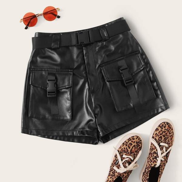 

Faux Leather Belted Cargo Shorts, Black