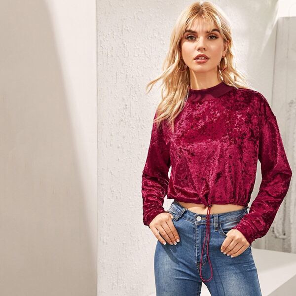 

Mock Neck Drawstring Hem Velvet Sweatshirt, Burgundy