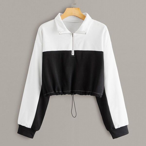 

Two Tone Half Zip Drawstring Hem Sweatshirt, Black and white