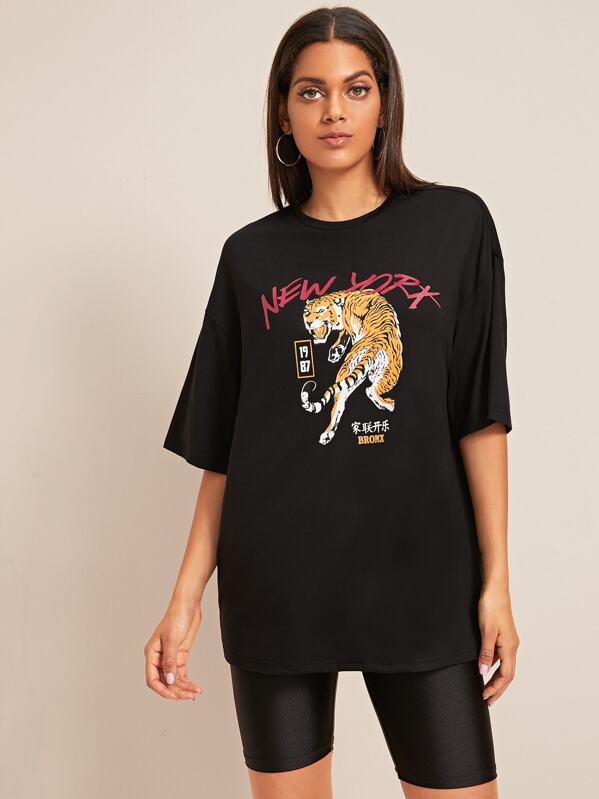 

Tiger & Letter Print Oversize Tee, Black, Joana