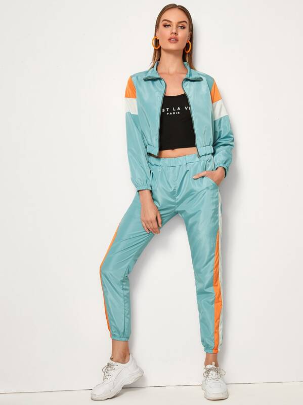 

Contrast Panel Zip Up Windbreaker Tracksuit Set, Blue, Rasa