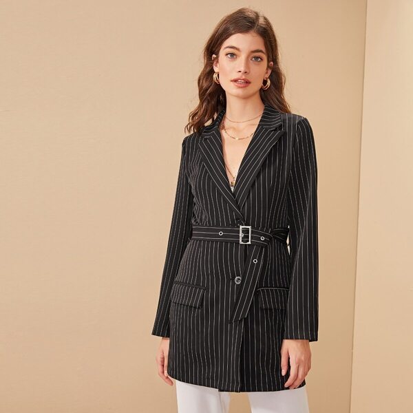 

Striped Double Button Belted Blazer, Black
