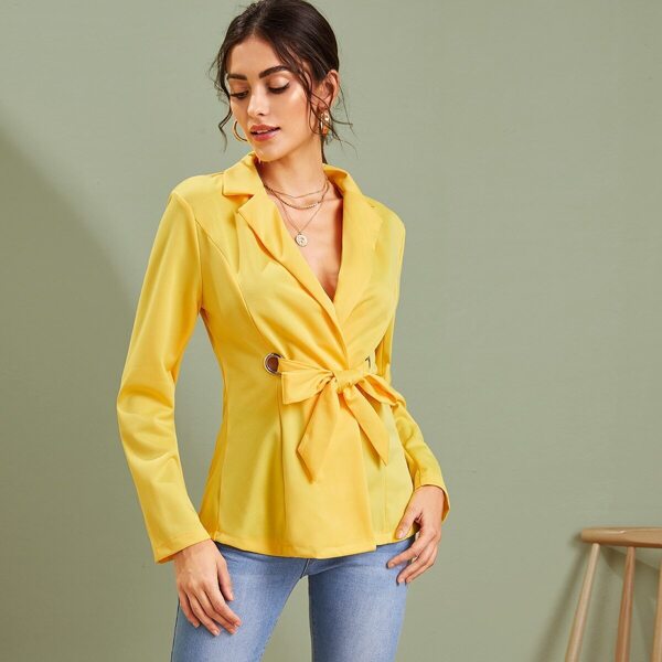 

Grommet Detail Tie Waist Blazer, Yellow bright