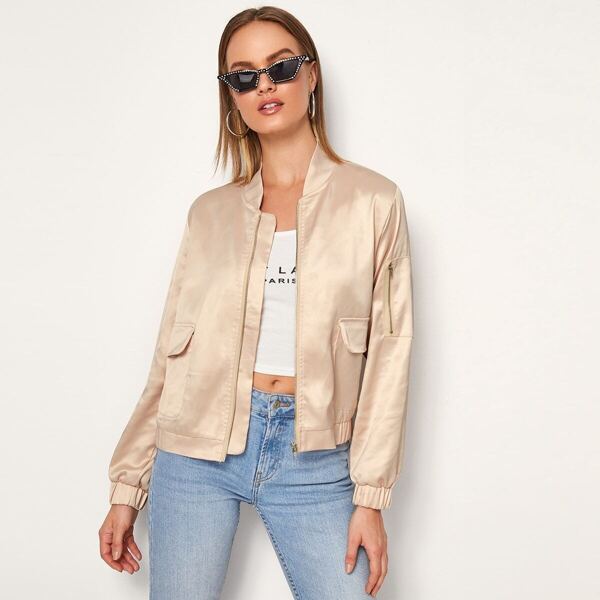 

Zip Up Flap Pocket Bomber Jacket, Nude pastel