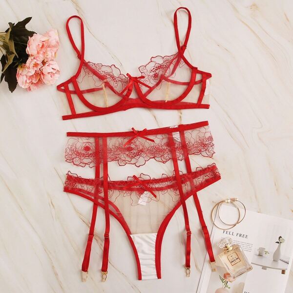 

Floral Lace Sheer Garter Lingerie Set, Red