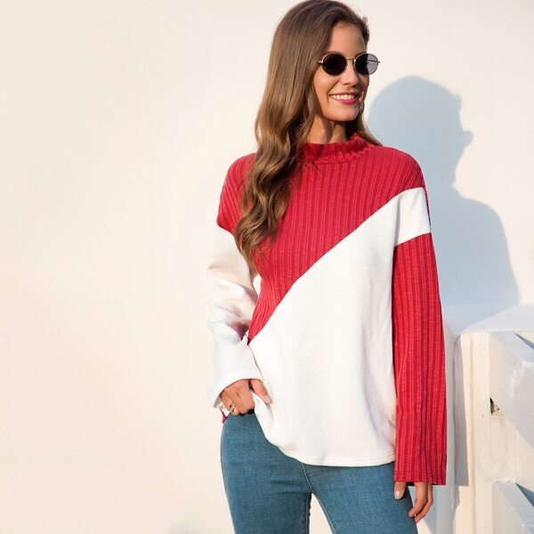 

Mock-neck Color-block Rib-knit Jumper