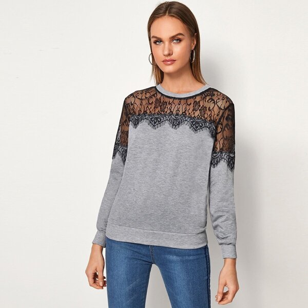 

Sheer Eyelash Lace Yoke Pullover, Grey