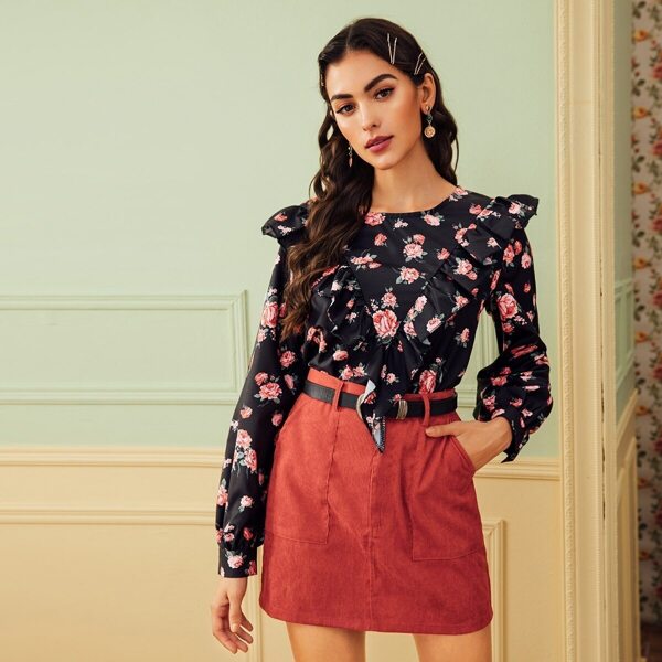 

Ruffle Trim Floral Print Blouse, Black