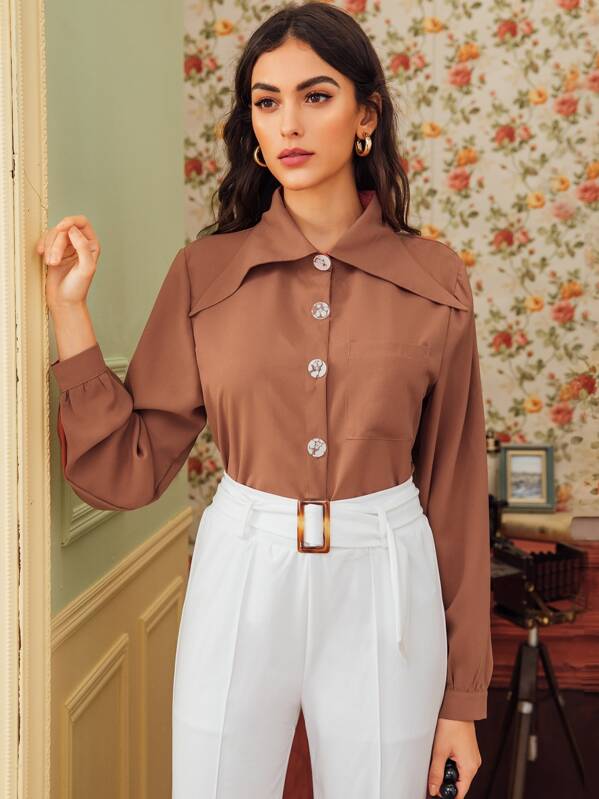 

Button Front Patched Pocket Blouse, Brown, Carol A