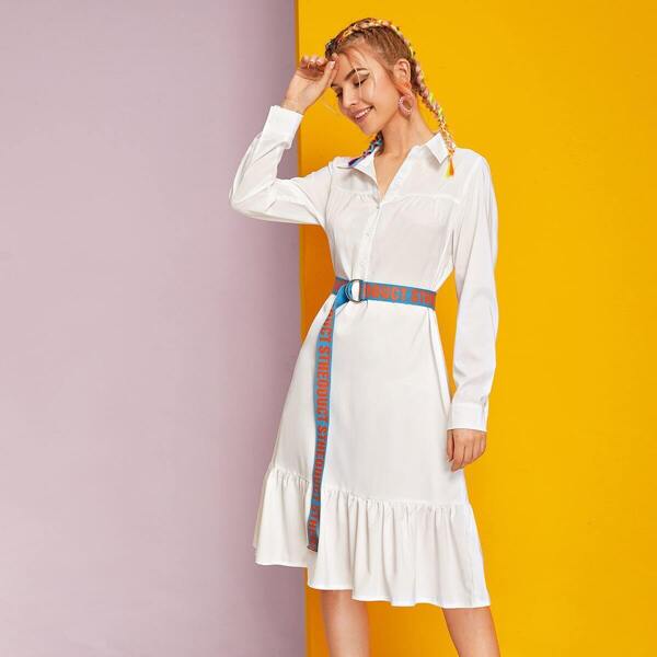 

Button Front Flounce Hem Belted Shirt Dress, White