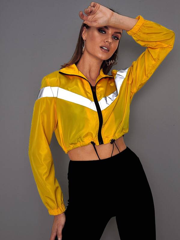 

Contrast Panel Drawstring Hem Reflective Windbreaker Jacket, Yellow, Rasa
