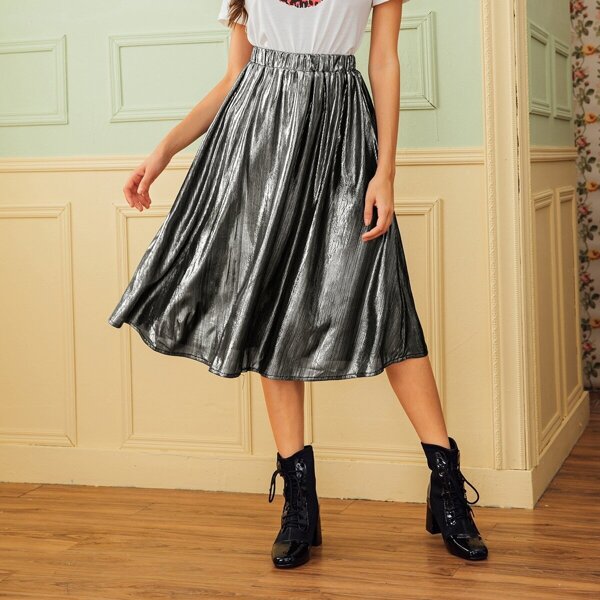 

Metallic Elastic Waist Swing Skirt, Grey