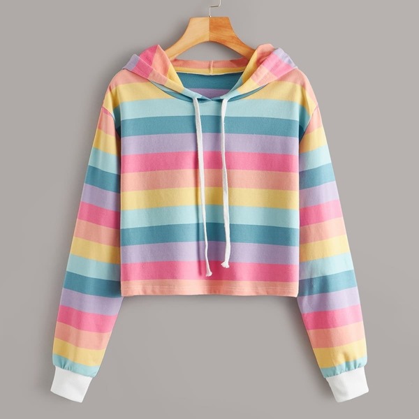 

Rainbow Striped Drawstring Hooded Sweatshirt