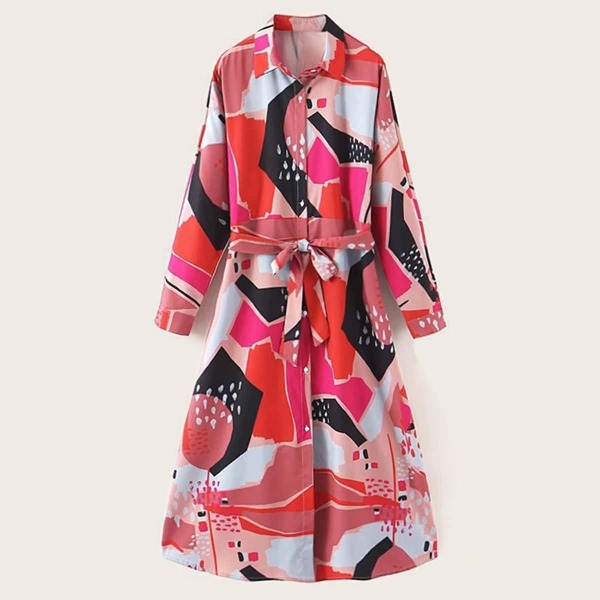 

Geo Print Self Tie Shirt Dress, Multicolor