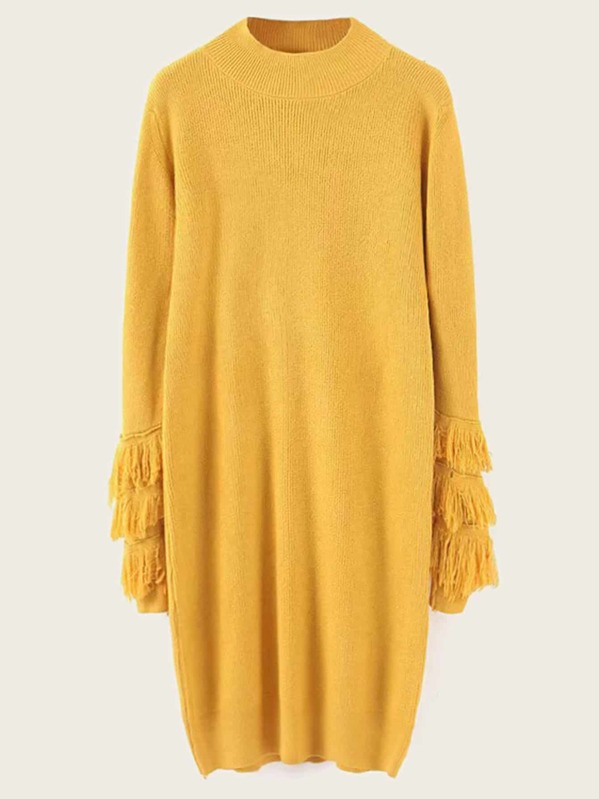 

Funnel Neck Fringe Sleeve Sweater Dress, Yellow