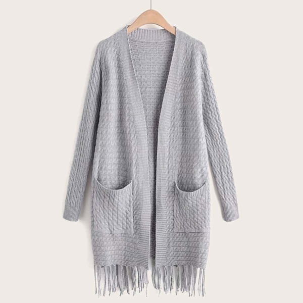 

Double Pocket Fringe Hem Twist Cable Knit Cardigan