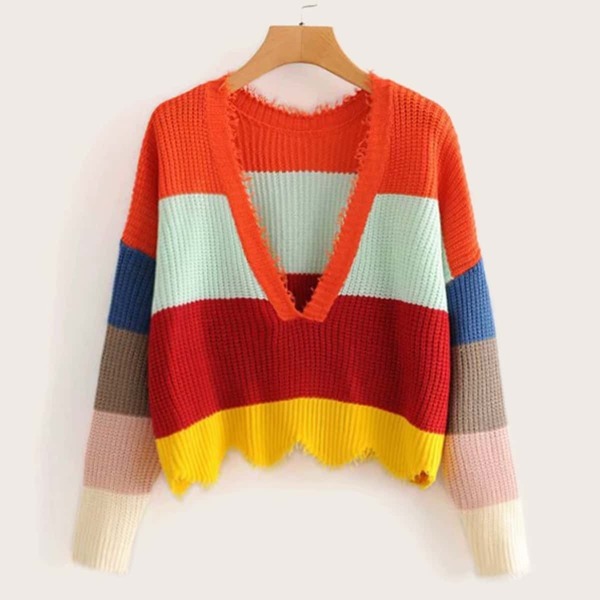 

Rainbow Striped V Neck Scallop Hem Sweater
