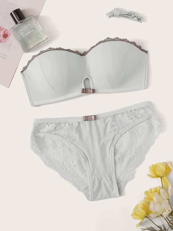 

Floral Lace Lingerie Set With Detachable Strap, Grey