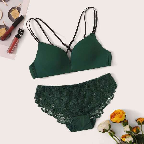 

Floral Lace Crisscross Back Lingerie Set