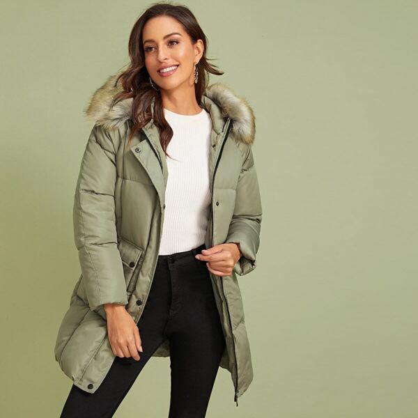 

Zip Up Button Detail Puffer Coat, Green
